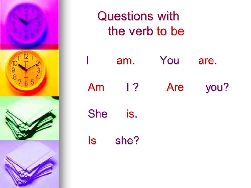 Questions with the verb to be I am. You are. Am I ? Are